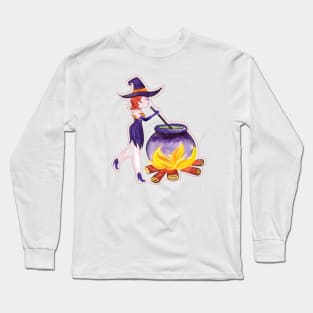 Halloween Witch stirring potion in Gouache Long Sleeve T-Shirt